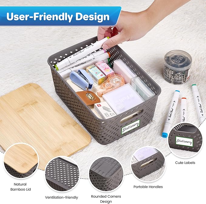 Anysig 8 Packs Plastic Storage Bins with Bamboo Lids - Stackable Storage Bins Decorative Small Basket Containers for Organizing Shelves Office Classroom Desktop Closet, Grey