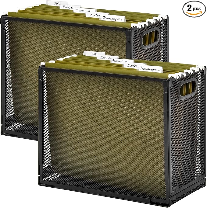 EASEPRES Desk Hanging File Organizer with 10 Folders, Mesh Metal Letter-Size Desktop File Holder Box for Filing Folder Storage Basket, 2 Pack Black, 12.2 x 9.45 x 5.45 inches