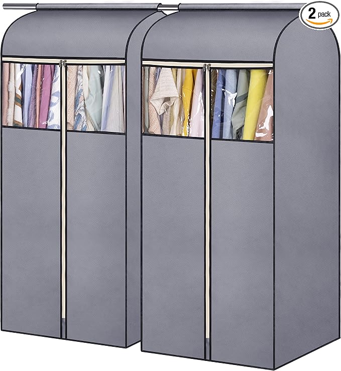 SLEEPING LAMB 54'' Hanging Garment Bags for Closet Storage Sealed Completely Jackets Coats Suits Clothes Rack Cover for Wardrobe with Clear PVC Window, 2 Packs, Grey(Hanging Rod Not Included)