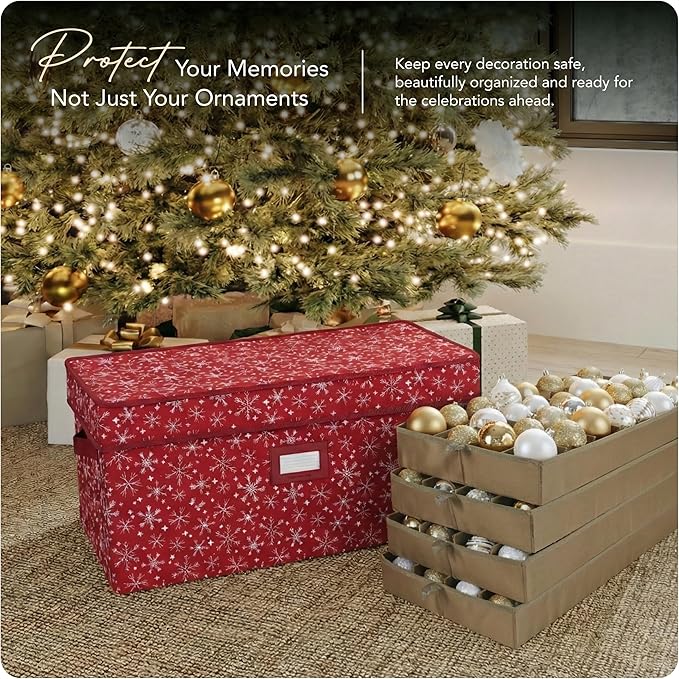 Covermates Keepsakes Adjustable Ornament Storage Box – Heavy-Duty Polyester, Padded Dividers & FlexGrid Trays – Protective Holiday Organizer with Stackable Walls & Label Window, Red Snowflake