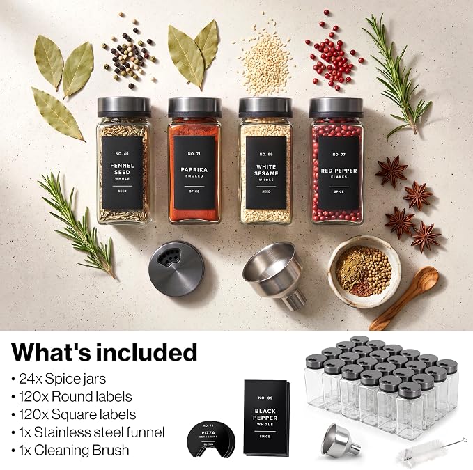 EDELHAUS Glass Spice Jars with Label, Space Gray Sprinkle Lids (24 x 4oz) | Airtight Lids keep spices fresh, Kitchen Spice Drawer Organizer, 4oz Seasoning Containers incl. Funnel, Brush & 240 Labels