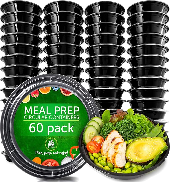 PrepNaturals Reusable Plastic Containers with Lids, 60 Pack, Black, Meal Prep Bowls, Lunch Containers, BPA, PVC and Phthalate Free, Microwave and Freezer Safe | Reusable BPA-Free Meal Prep Containers - Leak-Proof Lids, Microwave & Freezer Safe for Port...