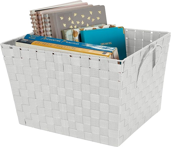 Simplify Large Woven Strap Tote | Decorative Storage Basket | 2 Handles | Organization | Closet | Bedroom | Bathroom | Nursery | Accessories | Toys | Gifts | 2 Pack | White