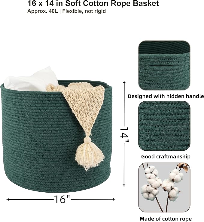 XUANGUO Cotton Rope Woven Basket, 16x14 in Kids Laundry Basket, dark green | Round blanket basket and small laundry basket; baby hamper or nursery storage bin for girls, boys, toys, clothes and shoes