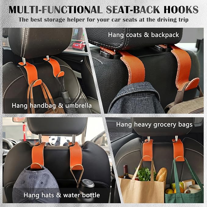 Amooca Car Seat Headrest Hook Universal Vehicle Storage Hanger Leather with Metal Car Seat Back Organizer for Handbag Purse Coat Orange 2 Pack