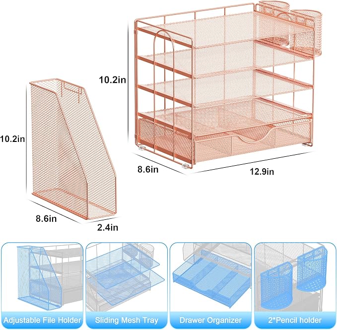 gianotter 5-Tier Desk Organizer with Drawers, File Holders, Letter Trays and Pen Holders - Workspace Accessories for Office Supplies (Rose Gold)