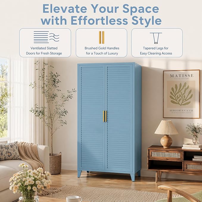 Blue Metal Storage Cabinet with Doors Pantry Cabinet with 3 Adjustable Shelves, 61" Tall Steel Kitchen Storage Locker for Kitchen Living Room Bedroom Home Bathroom
