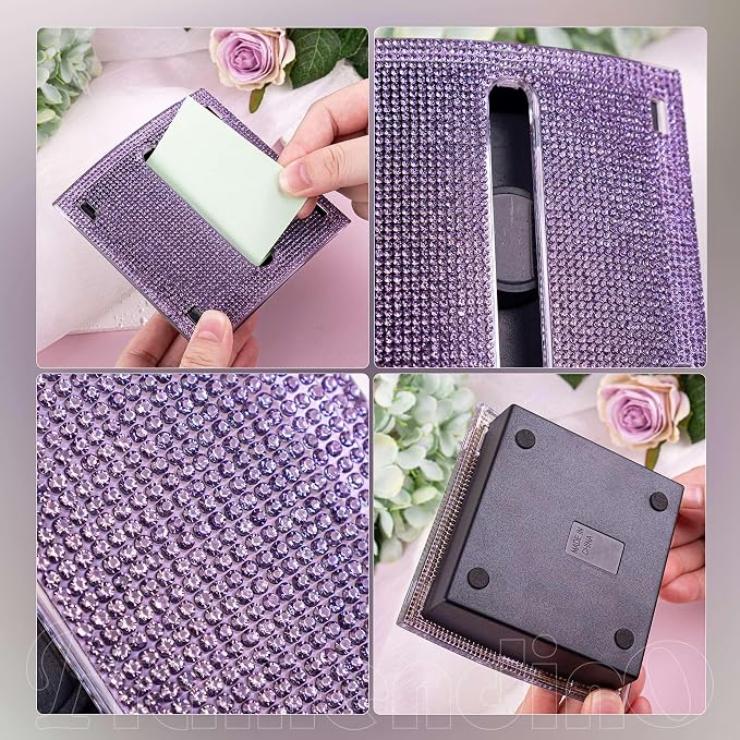 Framendino, Bling Self Sticky Note Holder 3 x 3 Inch Crystal Post It Notes Dispenser for Office Home Desk Accessories (Purple)