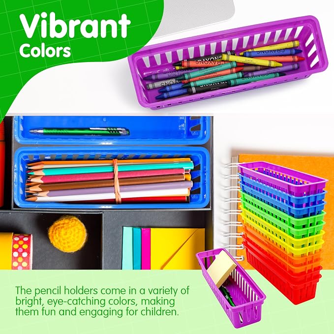 4E's Novelty 12 Pack Pencil Holder for Kids Desk, Colorful Plastic Pen Baskets Tray for Organizing Classroom Supplies, Plastic Caddy for Desk and Elementary Teacher Supplies for Classroom