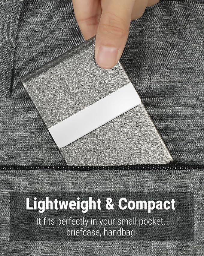 MaxGear Business Card Holder, PU Leather Business Card Case, Gray | Stainless Steel Interior, Magnetic Closure, RFID Blocking, Holds 15–25 Standard Business Cards