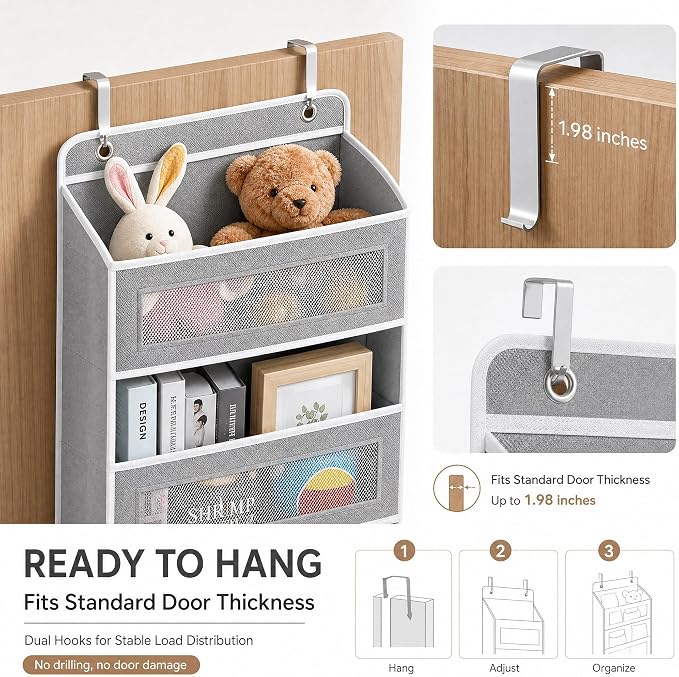 FUSHITON Over The Door Organizer with Anti-Tilt Design, 5 Shelf Hanging Grey Storage Rack Holds 44lb, Large Capacity Pockets for Bedroom Bathroom Pantry Nursery