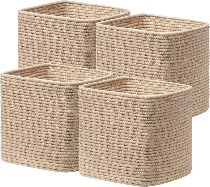 joybest 13inch Cube Storage Bins, Cotton Rope Woven Organizer Basket | Set of 4 Cube Bin Square Shelves Organizer Closet Storage, Nursery, Toy Organization, Brown