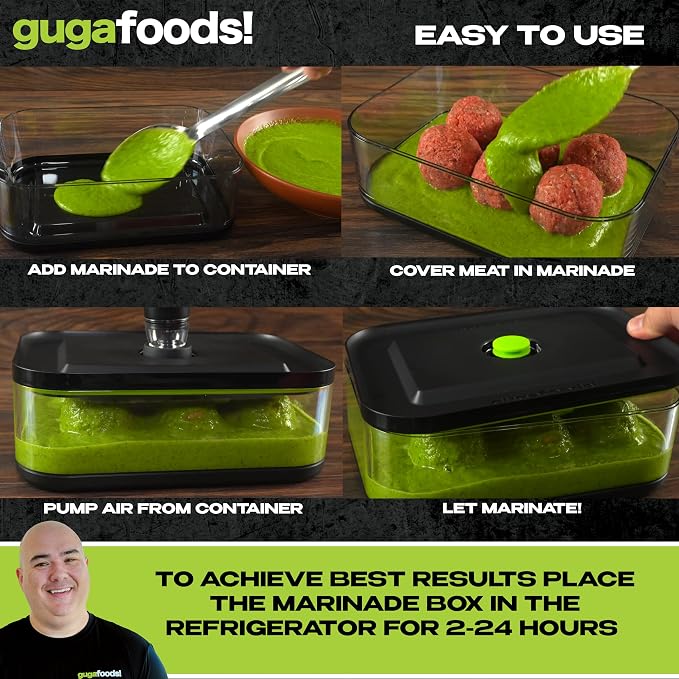 Guga Foods Vacuum Seal Marinade Container Set, Air Sealed Pump, Removes Air for Quick Marination, Barbecue & Grilling Marinator
