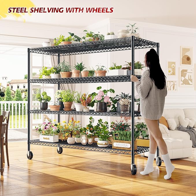 REIBII 75.62" H Storage Shelves 2480LBS Garage Shelving with Wheels Heavy Duty Metal Shelving for Storage Adjustable Pantry Shelf for Kitchen Garage Commercial, 75.62" H X 24.02" D X 55.52" W, 2PCS