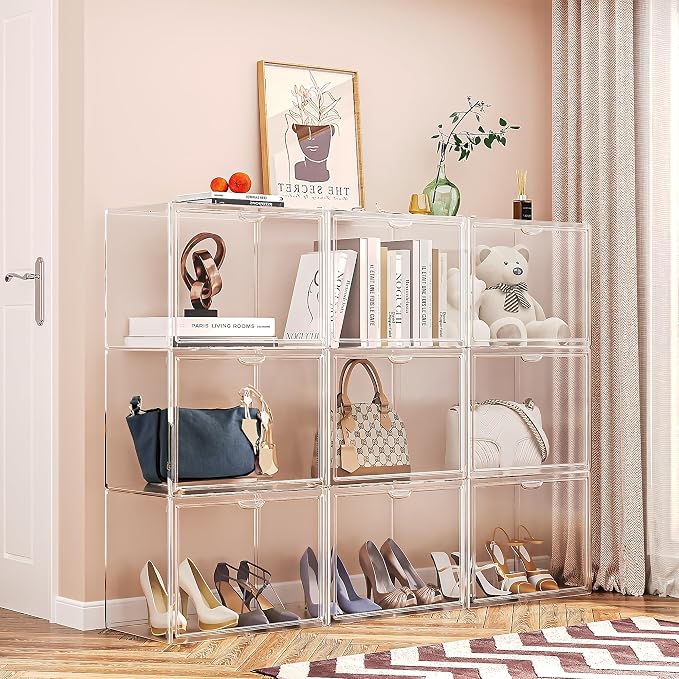 15.75''x11.81''x9.84'' XX-Large Clear Shoe Storage Boxes with Divider, Stackable Plastic Boot Boxes with Magnetic Door, Acrylic display case Box with Lids for Sneaker Purses Handbags Books (3)