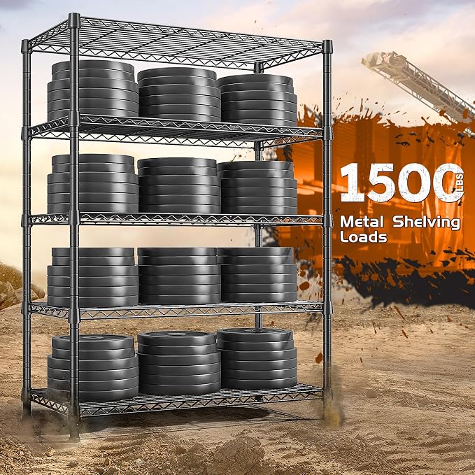 REIBII Storage Shelves 71" H Tall Wire Shelving Unit Sturdy Metal Shelves Adjustable Wide Pantry Shelves 5 Tier Deep Heavy Duty Metal Shelving Load 1500LBS Storage Rack 2 Pack