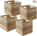 Casafield 12" x 12" Mixed Weave Storage Baskets, Natural - Set of 4 Woven Hyacinth Seagrass Wicker Storage Cube Bins for Bathroom, Bedroom, Laundry, Pantry, Shelves
