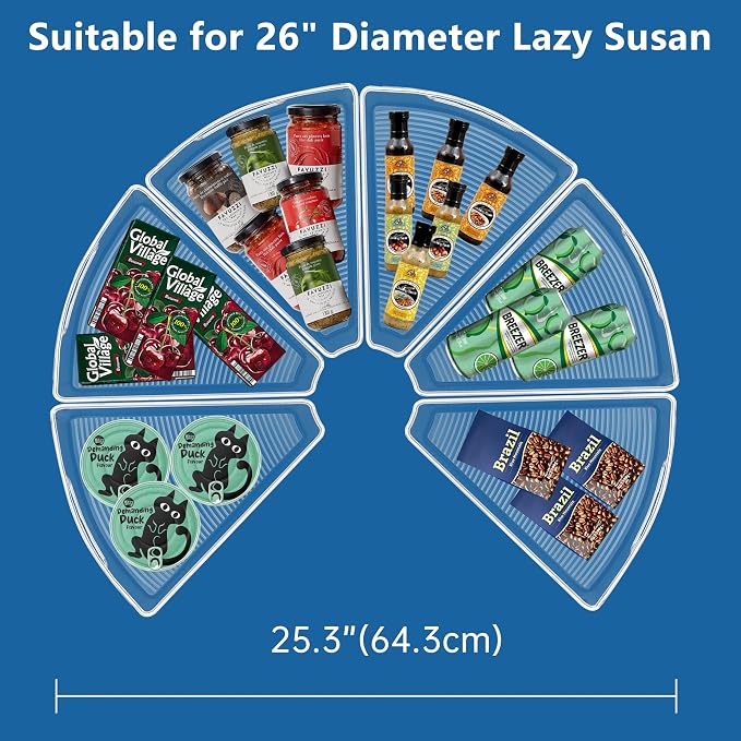 JOWBOOW Lazy Susan Organizer Bins for 26"-27" Diameter Corner Cabinet Lazy Susan, 6 Pack, Clear Plastic Cabinet and Pantry Storage Bin, 1/8 Wedge-Food Safe, BPA Free