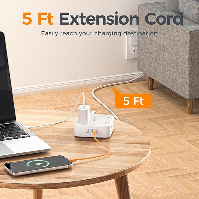 TESSAN Surge Protector Power Strip, 5 Ft Flat Plug Extension Cord with 3 USB (1 USB C) 8 Outlets, 900J Protection, 3 Sided Outlet Extender with Power Switch for Office, Dorm Room, Grey | 8 AC with 3 USB Ports (1 USB C), Flat Plug Extension Cord, 3 Side...
