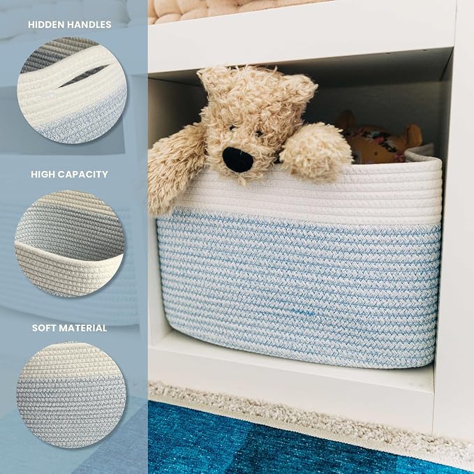 OrganiHaus Blue Cotton Rope Baskets for Shelves, Set of 3 - 15"×10"×9½" - Colorful Storage Baskets for Kids - Nursery, Playroom, Classroom - Toy Storage, Books, Towels