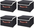ANMINY 4PCS Storage Bins with Lid PU Leather Handles Storage Boxes PP Plastic Board Decorative Foldable Lidded Cotton Linen Fabric Home Cubes Baskets Closet Organizer Containers - Black, Small Size