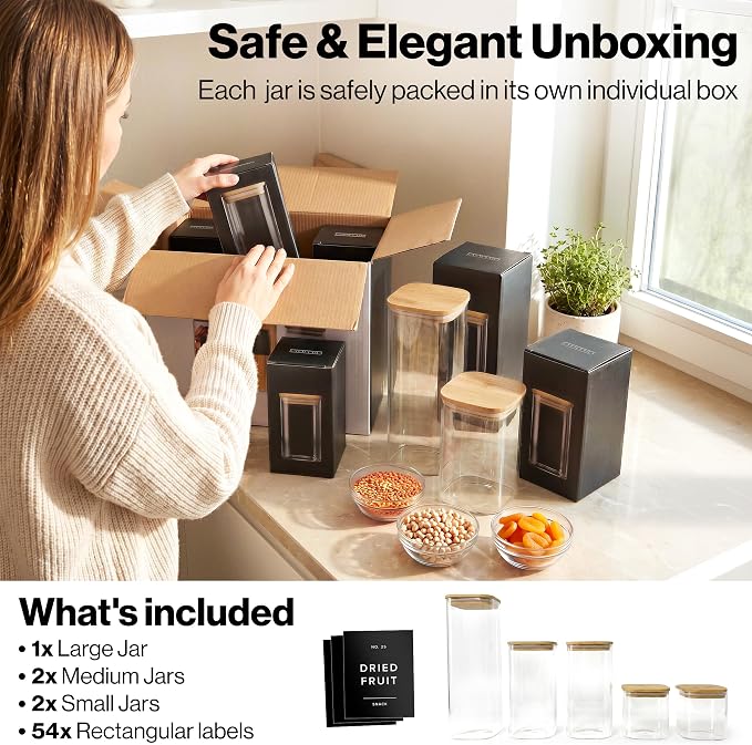 Glass Pantry Storage Jars Containers with Bamboo Lids and Labels - Set of 5 | Extra Thick Square Glass Canisters with Bamboo Wood Lids and 54 Pre-printed Pantry Labels keeps dry Goods Fresh and Organized