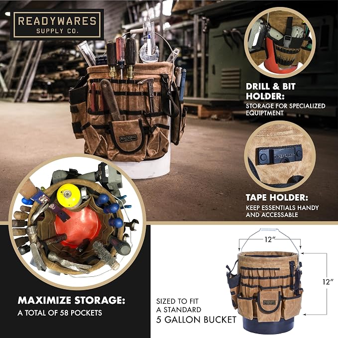 Readywares Tool Bucket Organizer | Waxed Canvas 5 Gallon Bucket Organizer