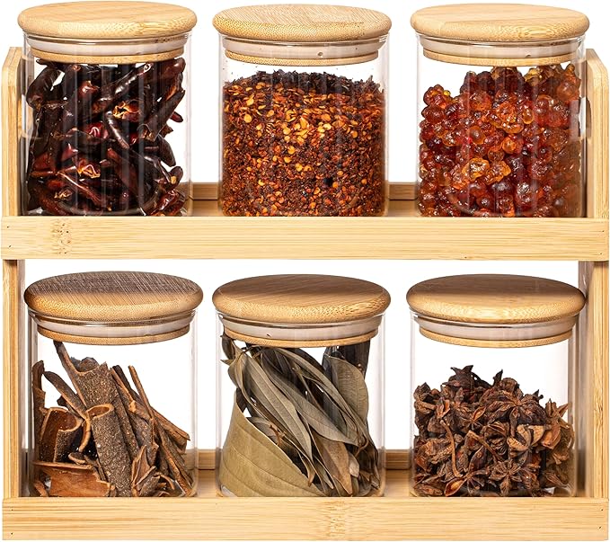 Basicwise Versatile 2-Tier Bamboo Spice Rack and Pantry Organizer with 6 Glass Jars – Perfect for Countertop Storage in Kitchens to Keep Seasoning Containers Neatly Displayed and Easily Accessible