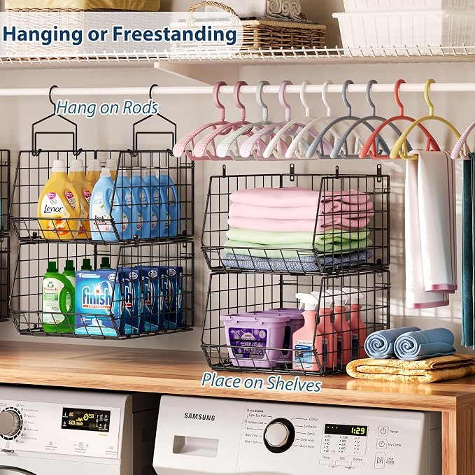 6-Tier Extended Depth Hanging Closet Organizers and Storage for Closet Organization, Stackable Hanging Shelves with Hooks for Clothes Sweaters Towels Purses, Fits Closet Shelves & Wire Metal Shelving