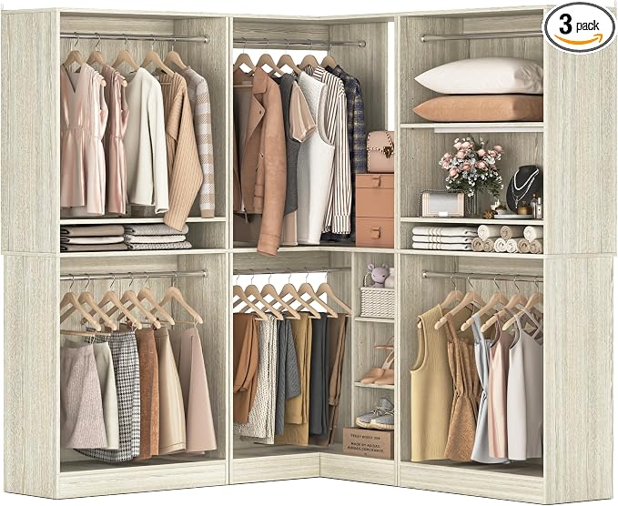 Unikito 108” Corner Closet System, 3-Piece L-Shaped Closet Organizer with 2 Closet Towers and 1 Corner Unit, Heavy Duty Wood Garment Rack with 6 Hanging Rods, Freestanding Walk-in Wardrobe, White Oak