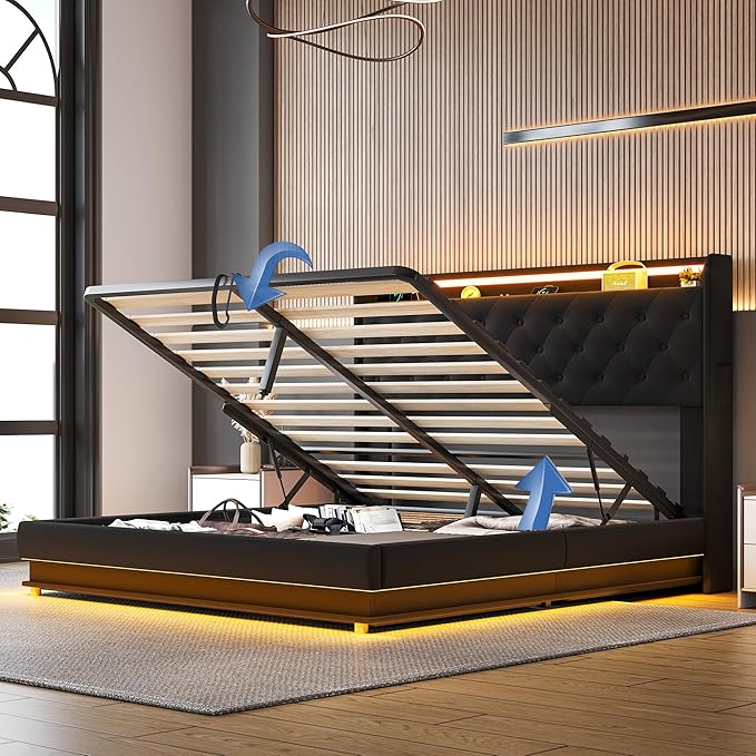 Ailisite Lift Up Storage Bed Full, Bed Frame Full Size with Charging Station & Led Lights, Upholstered Storage Bed with Wingback 2-Tier Bookcase Headboard, Hydraulic Lift, No Box Spring Needed,Black | lift up bed, breathable material