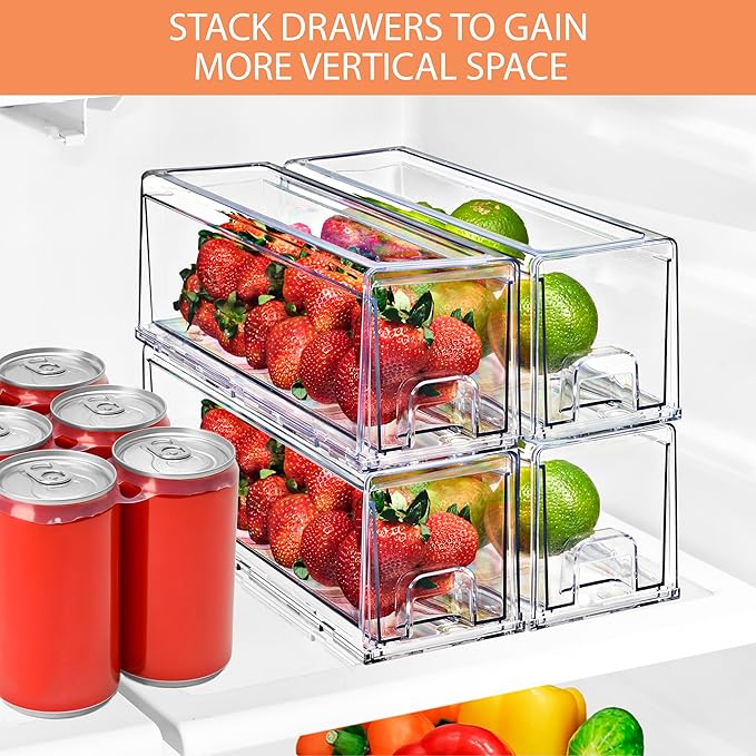 Sorbus Small Clear Acrylic Storage Drawers (4 Pack) - Stackable Plastic Organizer Bins for Fridge, Freezer, Pantry, and Bathroom