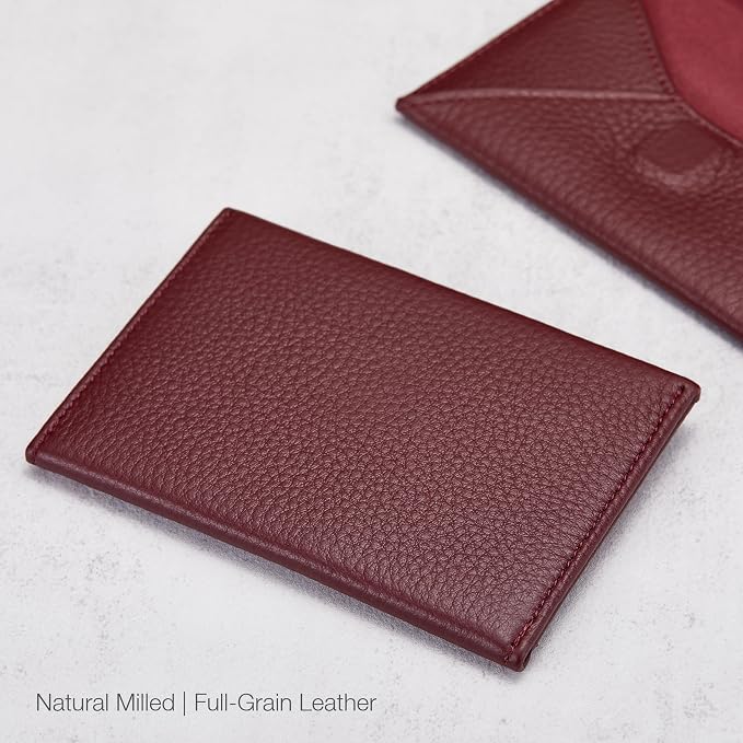 HISCOW Italian Pebbled Leather Business Card Holder, Minimalist Full Grain Envelope Card Case with Hidden Magnetic Closure, 0.19 Inch Slim Front Pocket Wallet for Men and Women, Bordeaux