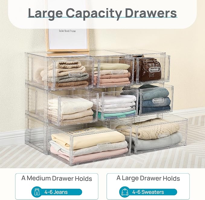 Vtopmart 8 Pack Large & Medium Stackable Storage Drawers Set | Easy Assembly Clear Plastic Storage Cabinet, Durable Dresser for Closet, Bedroom, Entryway, Playroom & Apartment Organization