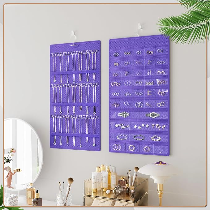 Hanging Jewelry Organizer, Double-Sided Necklaces Holder, Purple | 42 clear pockets organize rings & earrings; 36 wire necklace hooks reduce tangles; top hook hangs in closets, walls or doors.