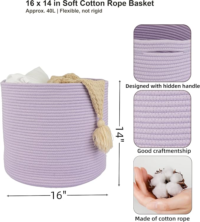 XUANGUO Cotton Rope Woven Basket, 16x14 in Kids Laundry Basket, purple | Round blanket basket and small laundry basket; baby hamper or nursery storage bin for girls, boys, toys, clothes and shoes