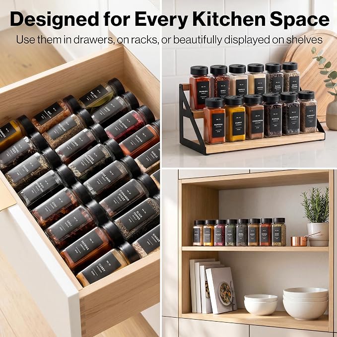 EDELHAUS Glass Spice Jars with Label and Black Sprinkle Lids (24 x 4oz) | Airtight Lids keep spices fresh, Kitchen Spice Drawer Organizer, 4oz Seasoning Containers incl. Funnel, Brush & 240 Labels