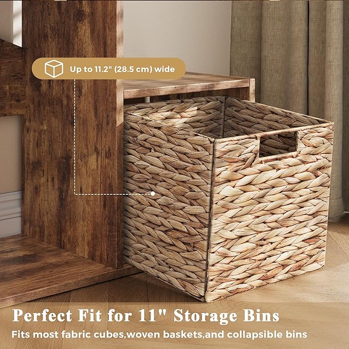 MapleGrace 6 Cube Storage Organizer, Wooden Storage Shelves Bookcase with Back Panels, Stackable Display Bookshelf Includes 2 Wicker Baskets for Living Room, Bedroom, Study, Hallway, Rustic Brown
