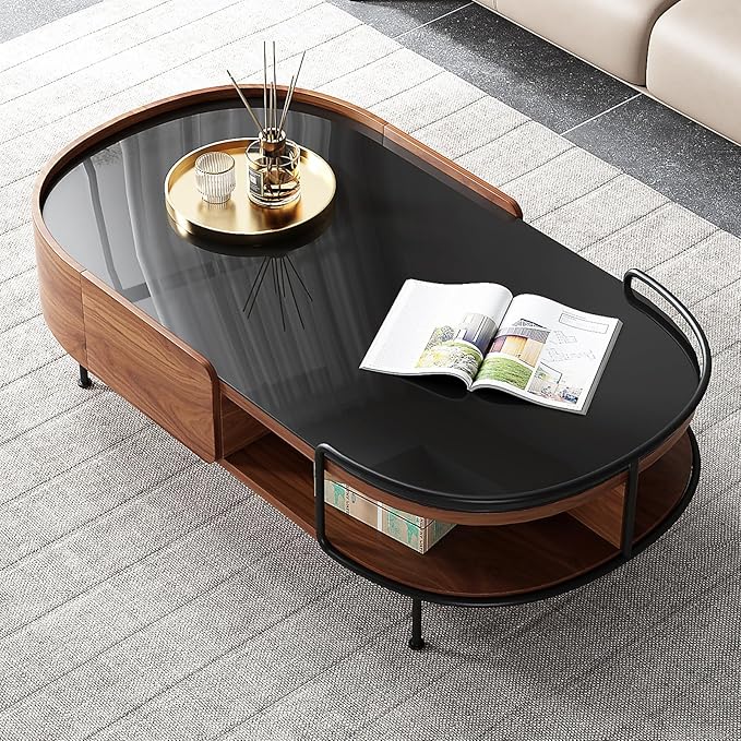 Lartis Oval Coffee Table in Walnut Black Glass Top Coffee Table - Living Room Table with Semi-Circular Storage,Multi Functional Marvel for Modern Living Room