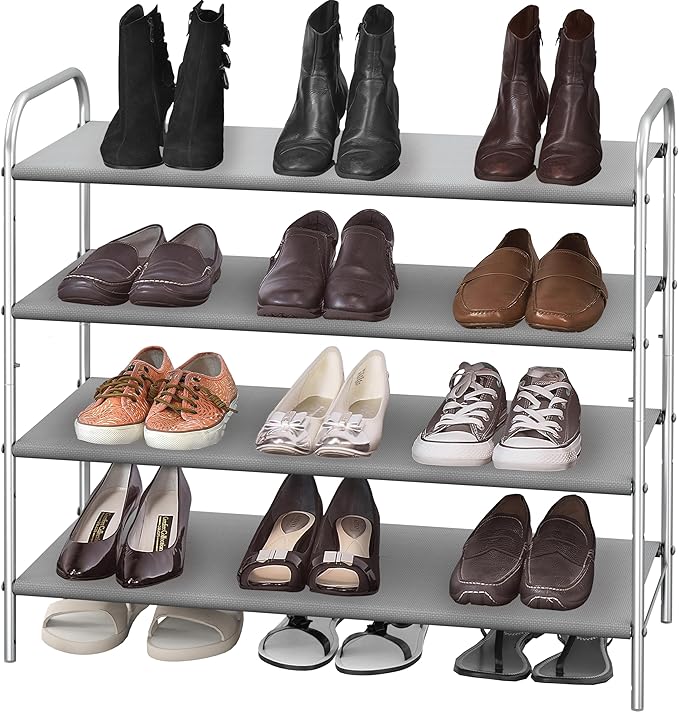 Simple Houseware 4-Tier Shoe Rack Storage Organizer, 12-20 Pair, Grey | Space-Saving Shoe Shelf with Sturdy Metal Frame and Non-Woven Fabric Shelves for Entryway, Garage & Corridor