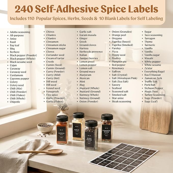 EDELHAUS Square Glass Spice Jars (24 x 4oz) with Black Lids + Magnetic Spice Rack for Refrigerator (Fits 12 Jars) + Bonus Slim Auxiliary Rack, 240 Labels, Shaker Inserts, Funnel
