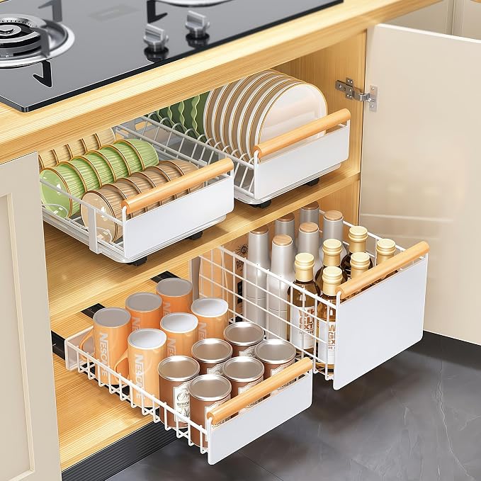Pull-Out Dish Rack for Cupboard, Slide Out Dish Drying Rack for Kitchen Cabinets, Pull Out Drawer for Kitchen Under Sink Organizer (Bowl Rack Extra-Large)