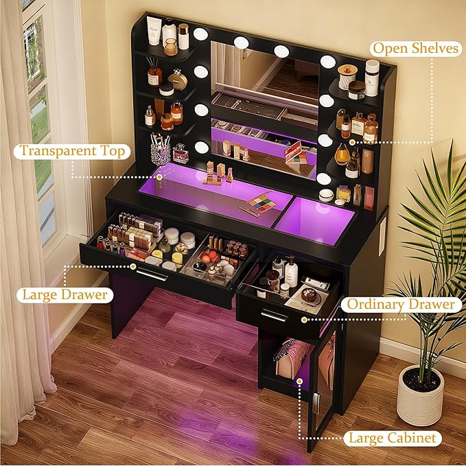 HUAHUU Vanity Desk with Mirror and Lights, Makeup Vanity Desk with Lights 3 Colors, Transparent Top Vanity with 2 RGB Drawers, 6 Shelves, Large Tempered Cabinet, Power Outlet, for Bedroom, Black