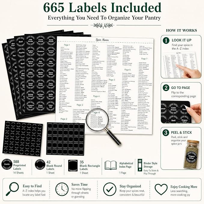665 Spice Labels Book with A-Z Index, Black Round Pantry Stickers