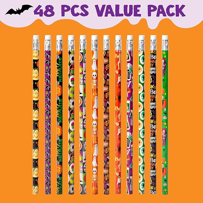 JOYIN 48PCS Halloween Pencils Bulk with Eraser, Colorful Fall Pencil Assortment, 12 Design Halloween Themed Stationery Set for Kid Girl Boy Trick or Treating Party Favor Supplies, Classroom Gift Prize