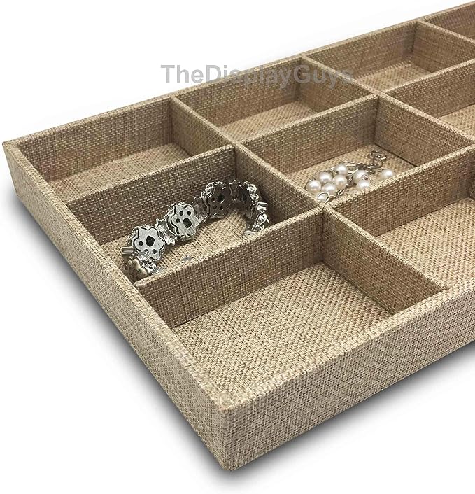 The Display Guys - Stackable Jewelry Organizer and Display Tray - for Drawers, Dressers, Store, Businesses (12 Compartments, Beige Burlap)