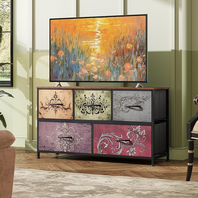 WLIVE Dresser for Bedroom with 5 Drawers, Wide Chest of Drawers, Fabric Dresser, Storage Organizer Unit with Fabric Bins for Closet, Living Room, Hallway, Pattern