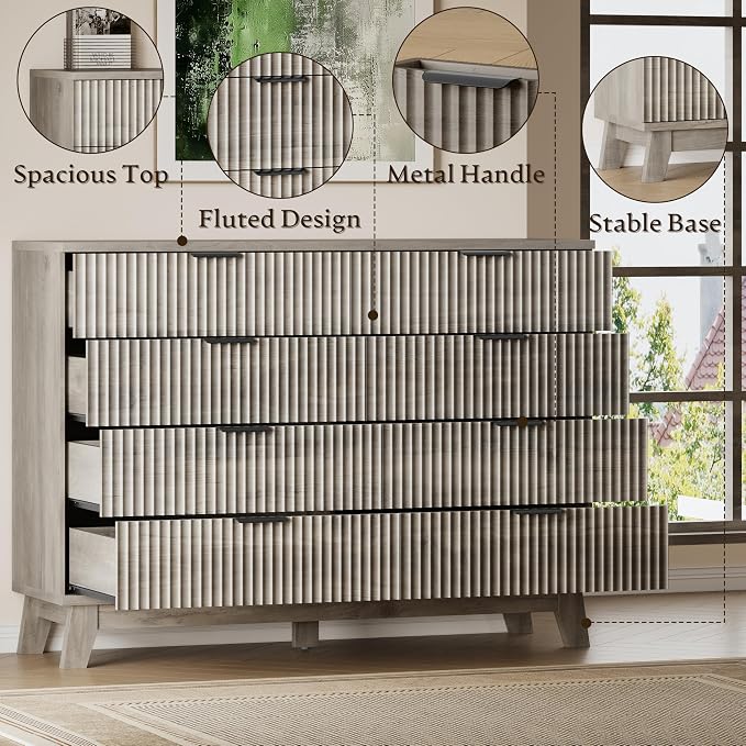 BORNOON 53" Wide Dresser for Bedroom, 8-Drawer Fluted Chest of Drawers, Modern Wood Highboy with Metal Slides and Handles, Anti-Tip Kit, Vertical Clothes Storage Organizer for Apartment, Closet