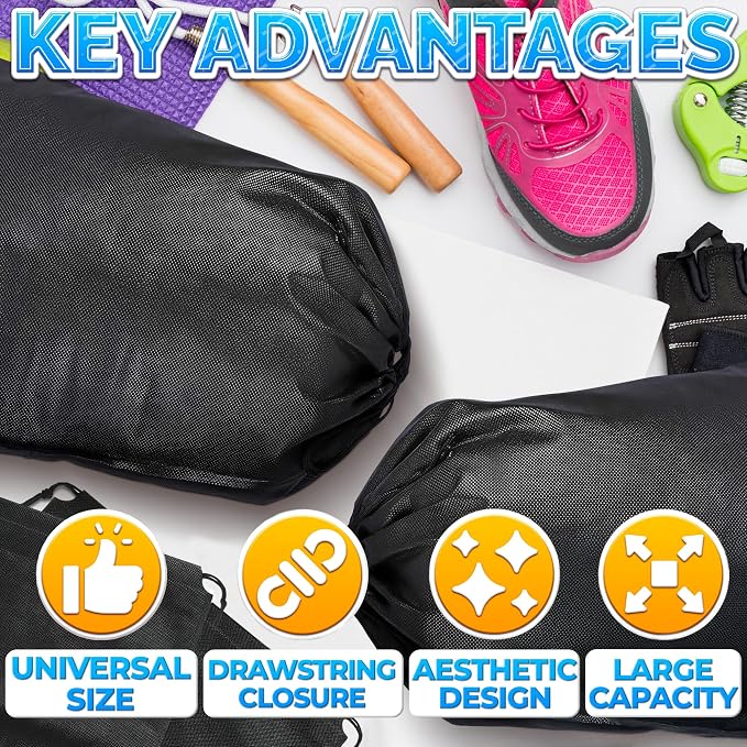 Shoe Bags for Travel, 10 Pack, 11.8"x15.75", Drawstring, Solid (Black) | Travel Shoe Backpack Set; Waterproof, Lightweight Fabric; for Luggage, Clothes, Gym, and Closet Organizing