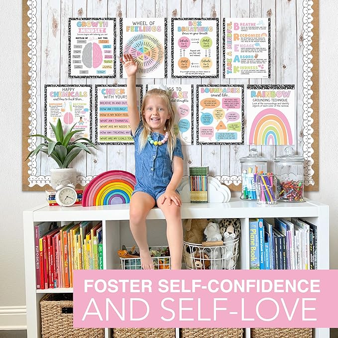 Hadley Designs 9 Mental Health Posters for Classroom - School Counselor Office Must Haves, Mental Health Therapy Office Decor, Growth Mindset Posters, Wheel of Feelings Chart, Pastel Classroom Decor